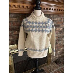 Cream Turtleneck Sweater with Light Blue Fair Isle Pattern